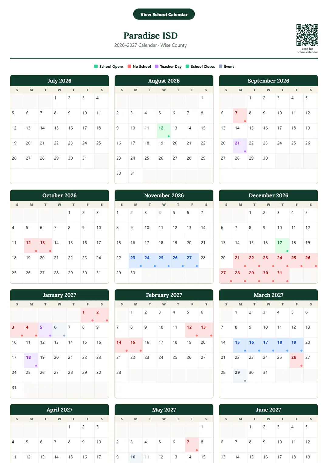 Paradise ISD printable 2026–2027 calendar