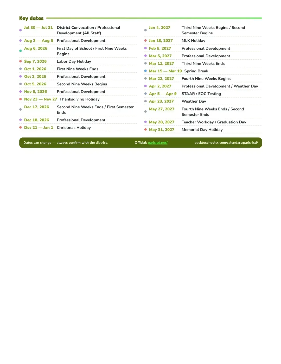 Paris ISD Calendar for the Year 26-27 — key dates