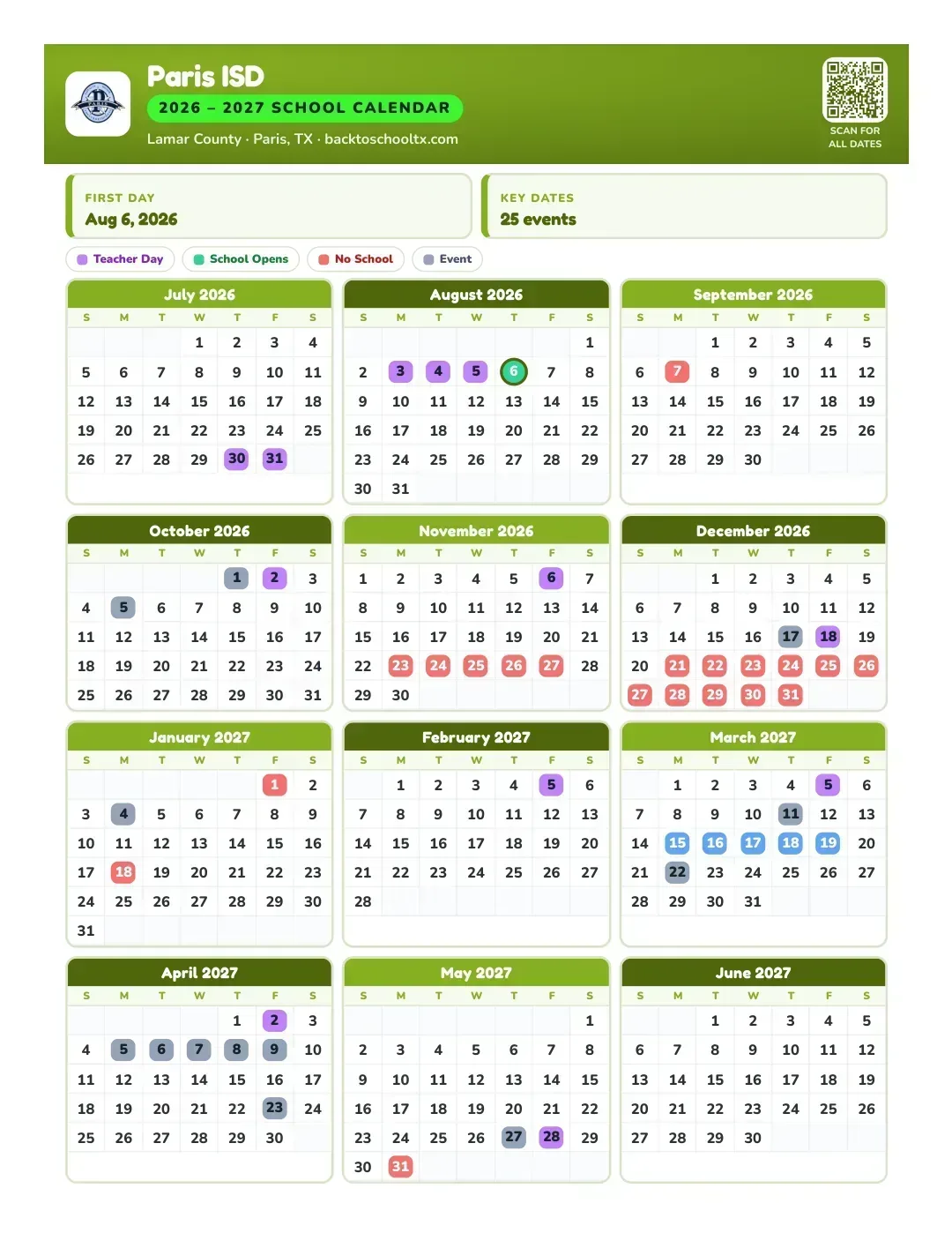 Paris ISD Calendar for the Year 26-27