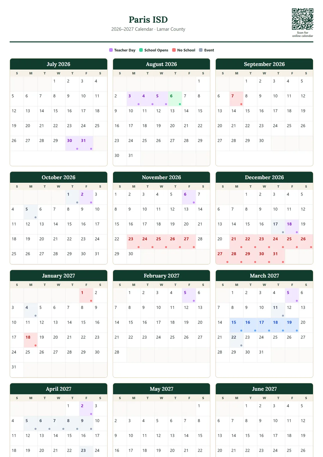 Paris ISD printable 2026–2027 calendar