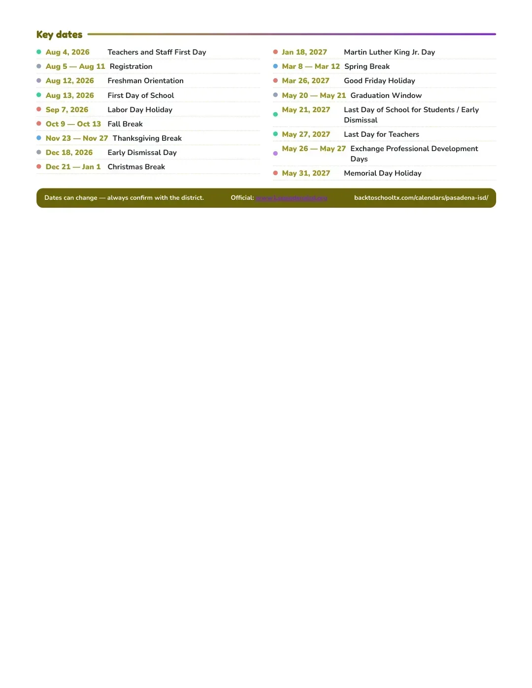 Pasadena ISD Calendar for the Year 26-27 — key dates
