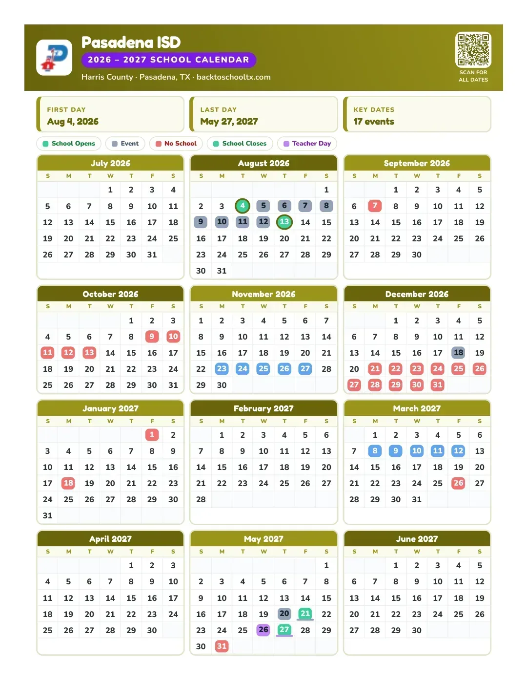 Pasadena ISD Calendar for the Year 26-27