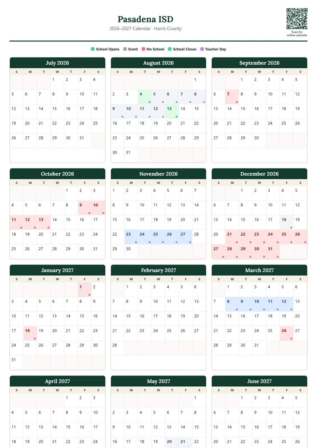Pasadena ISD printable 2026–2027 calendar