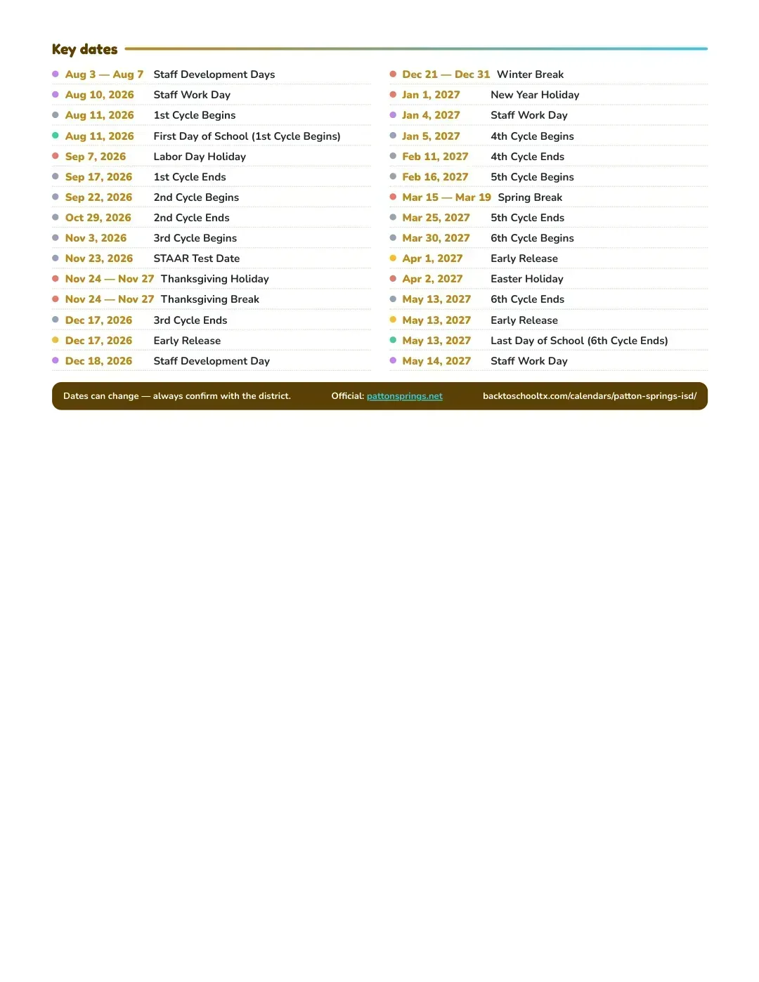 Patton Springs ISD Calendar for the Year 26-27 — key dates