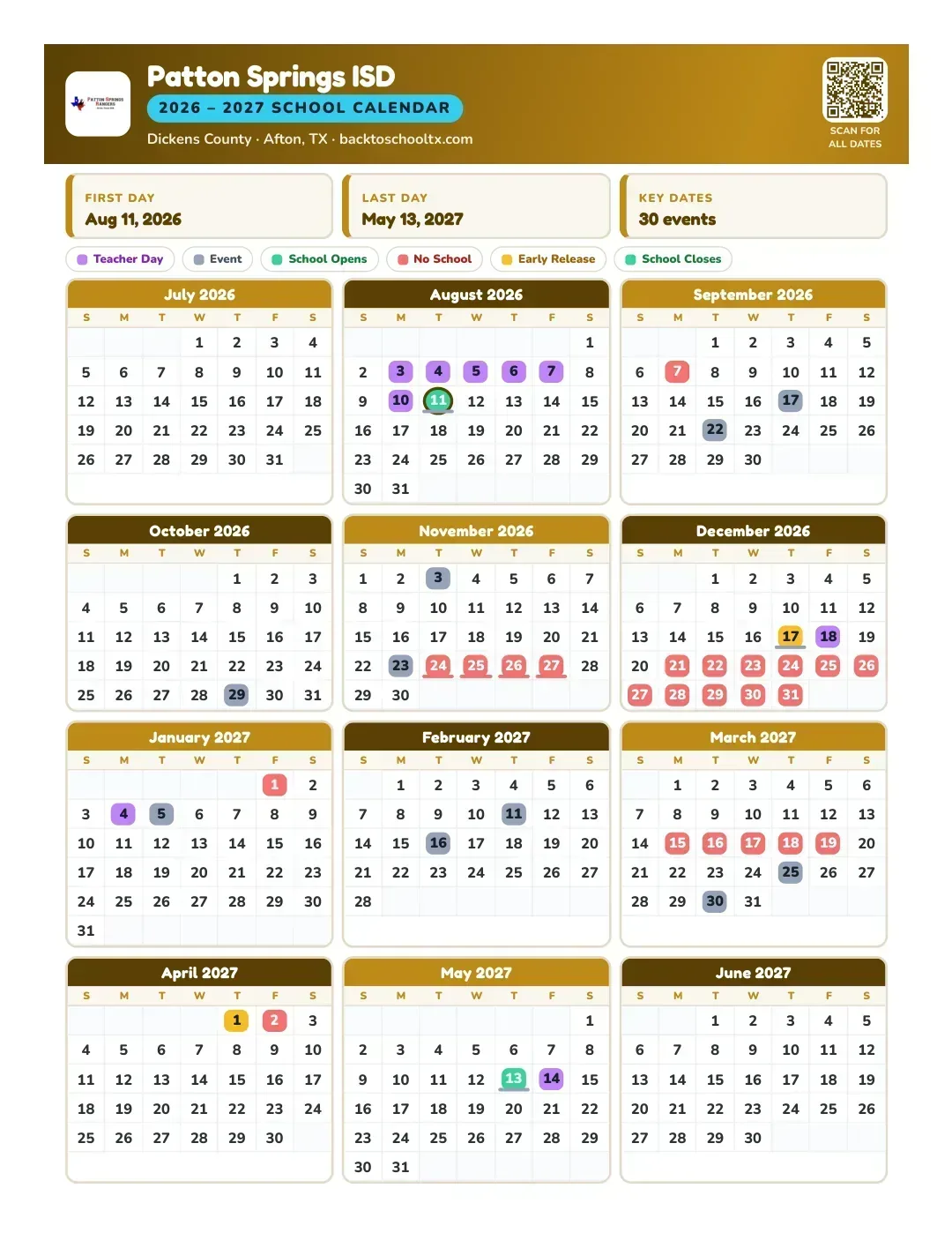 Patton Springs ISD Calendar for the Year 26-27