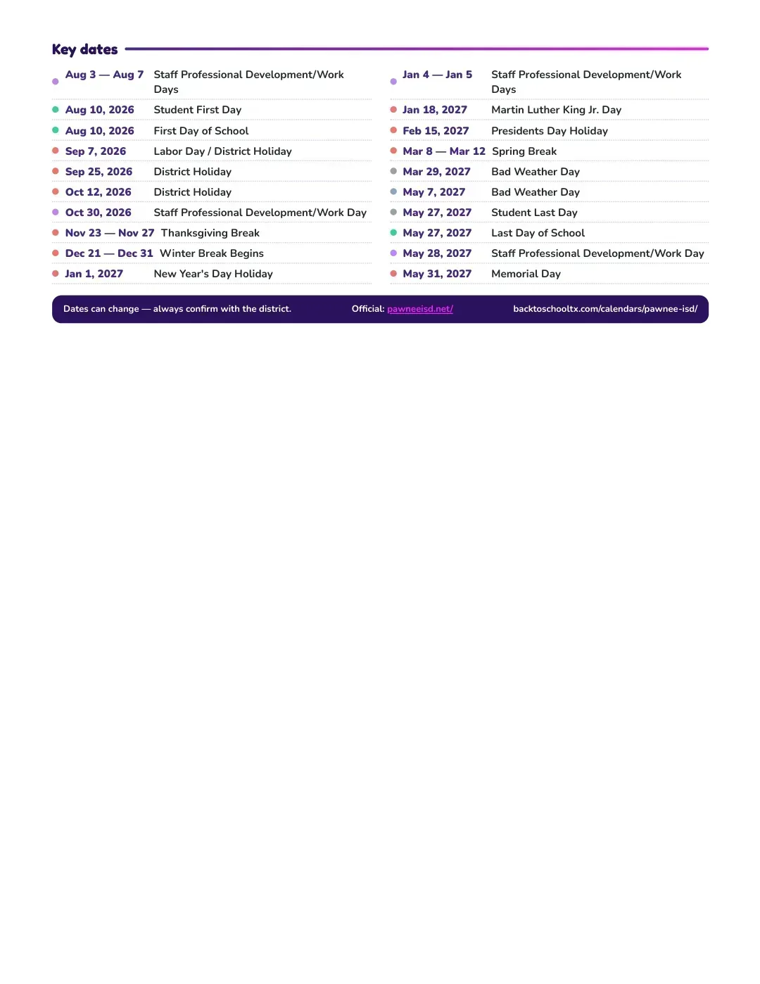 Pawnee ISD Calendar for the Year 26-27 — key dates