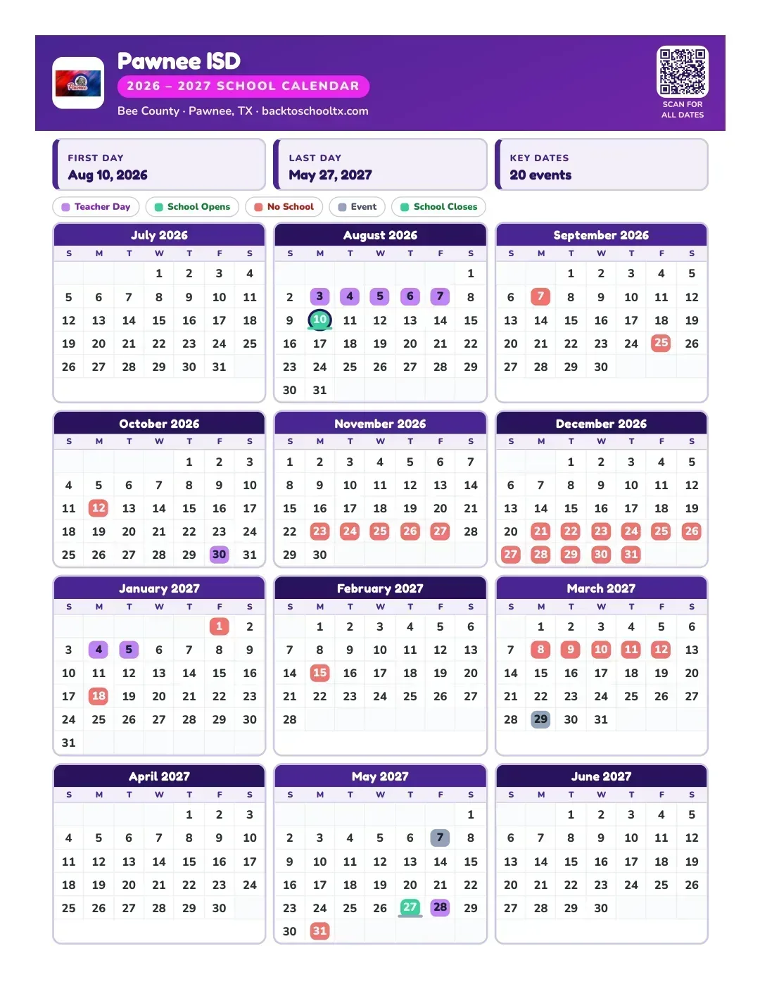 Pawnee ISD Calendar for the Year 26-27