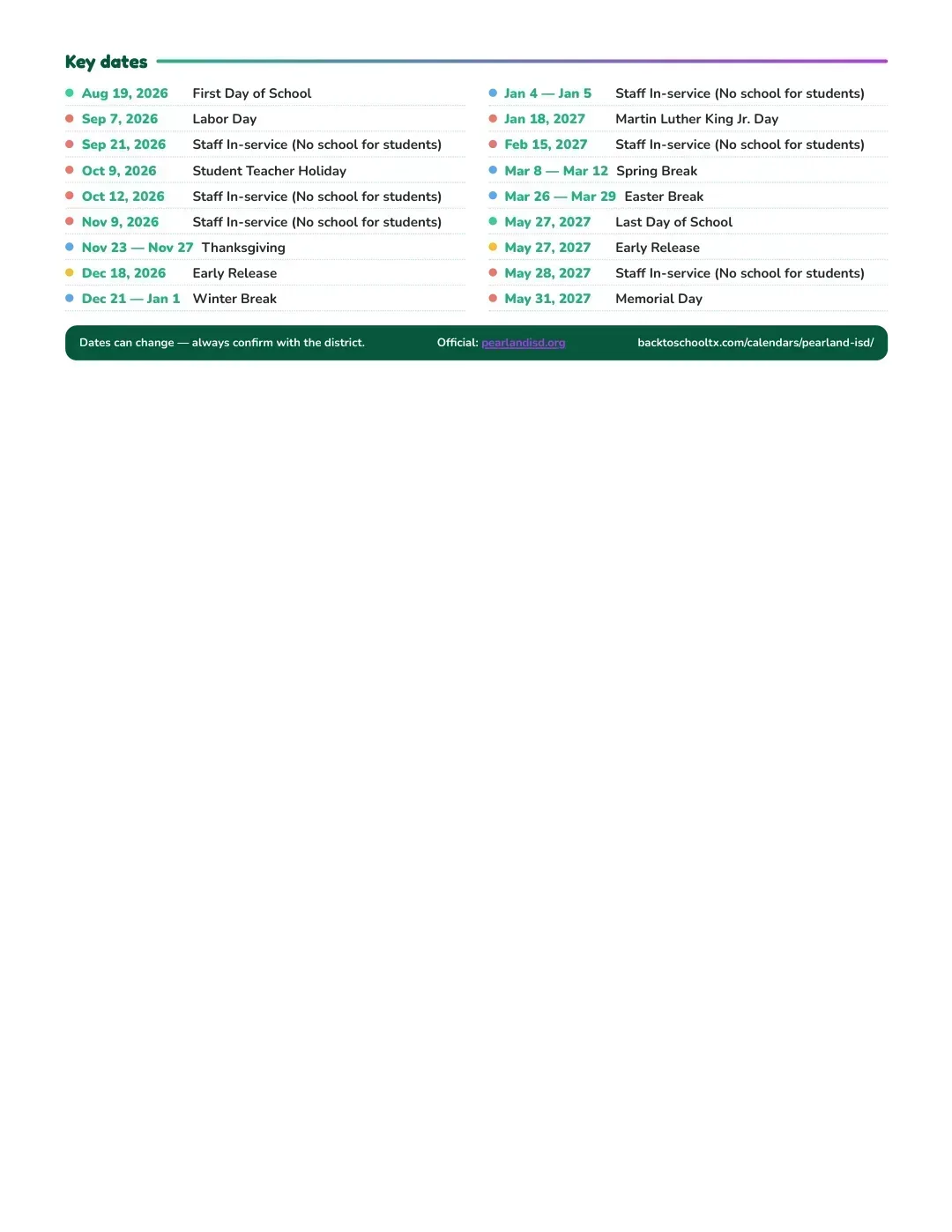 Pearland ISD Calendar for the Year 26-27 — key dates