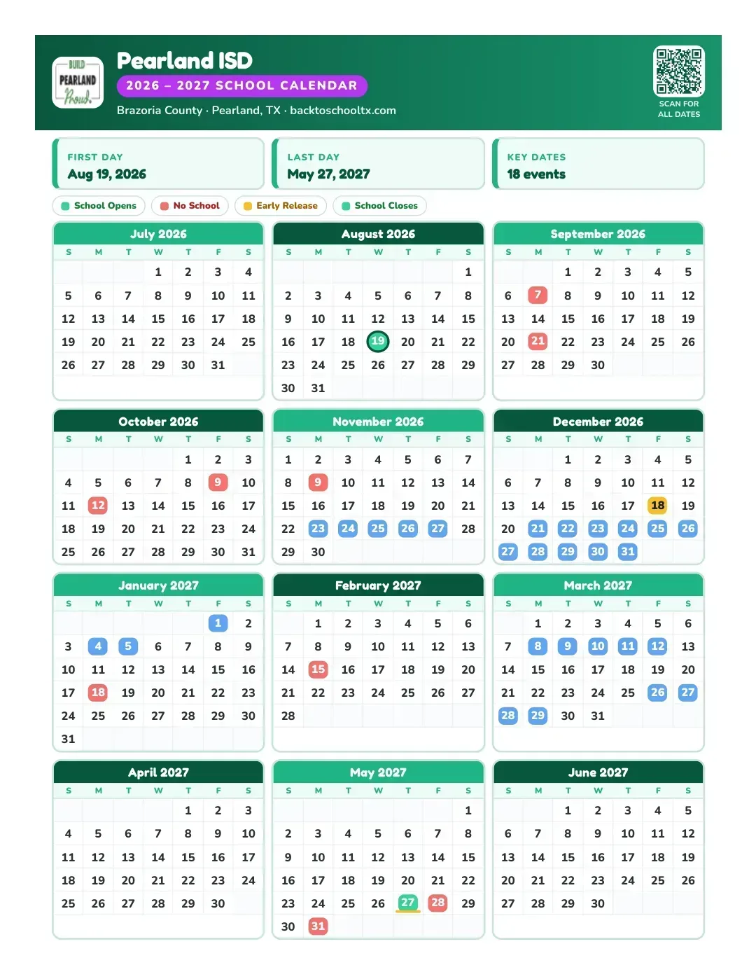 Pearland ISD Calendar for the Year 26-27