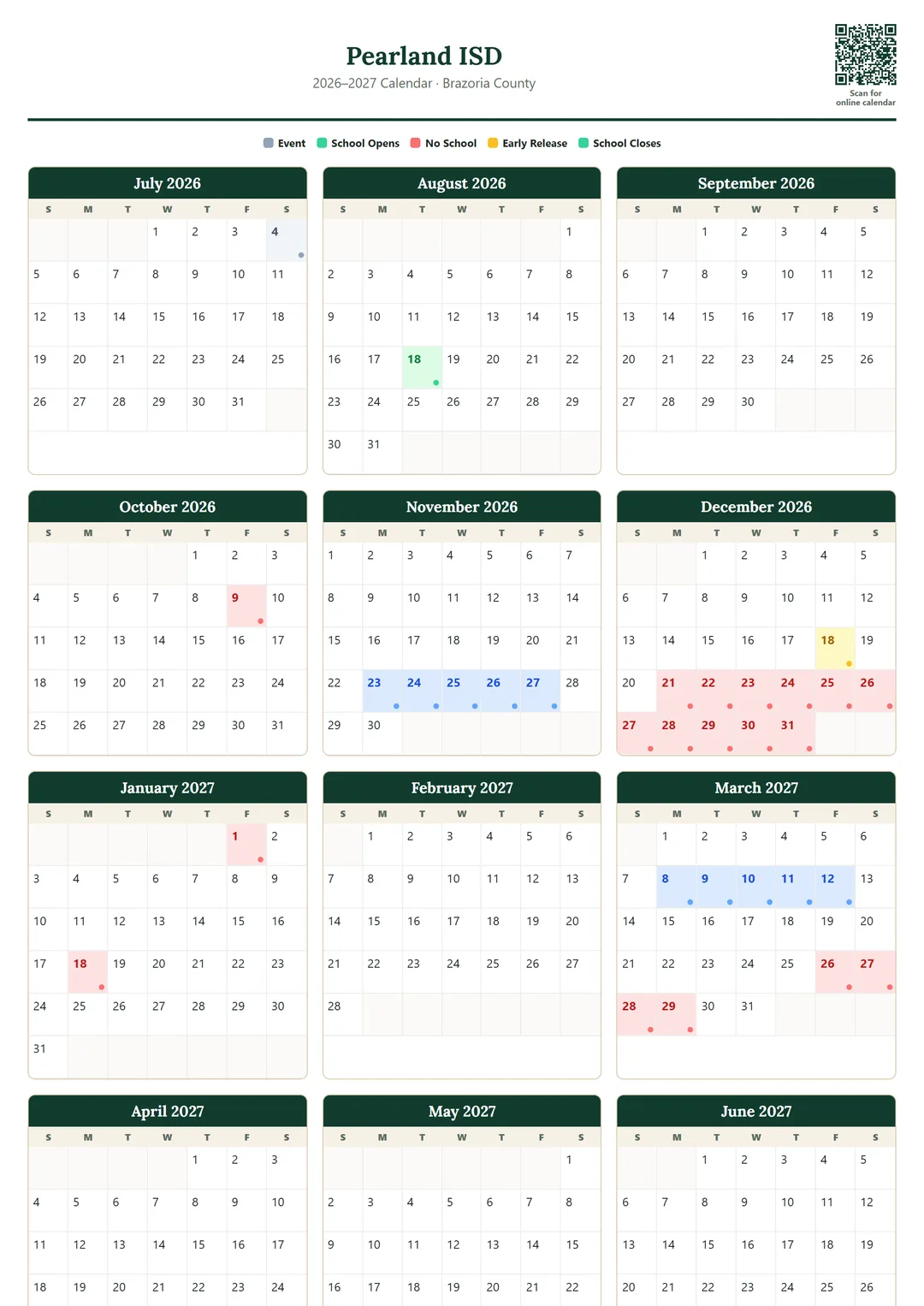 Pearland ISD printable 2026–2027 calendar
