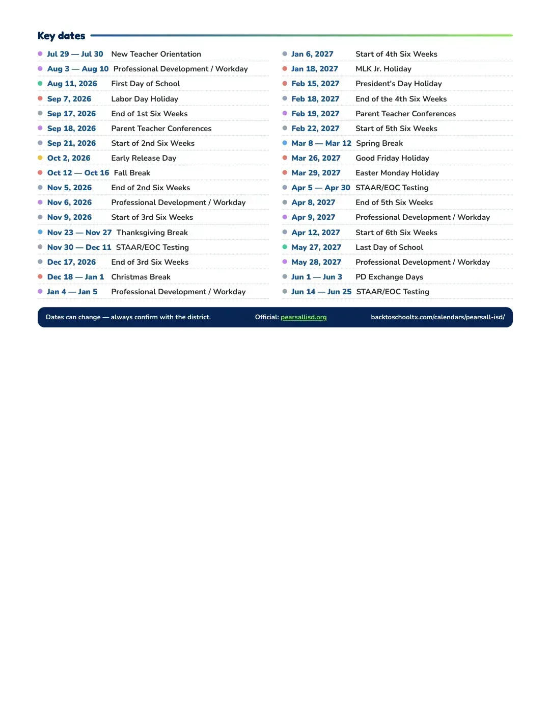 Pearsall ISD Calendar for the Year 26-27 — key dates