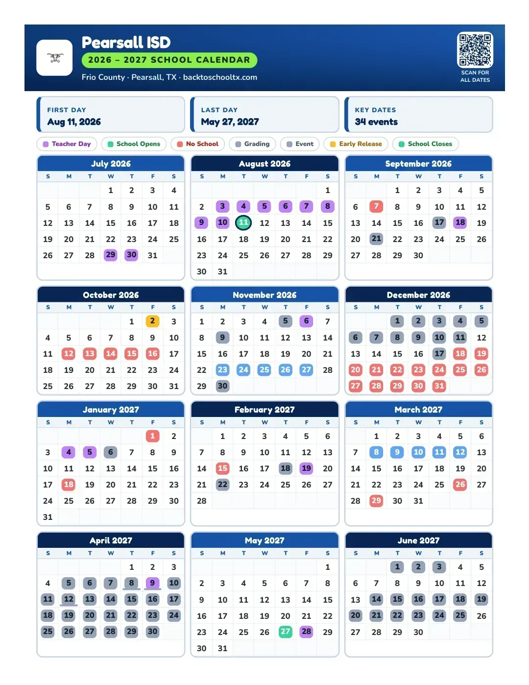 Pearsall ISD Calendar for the Year 26-27
