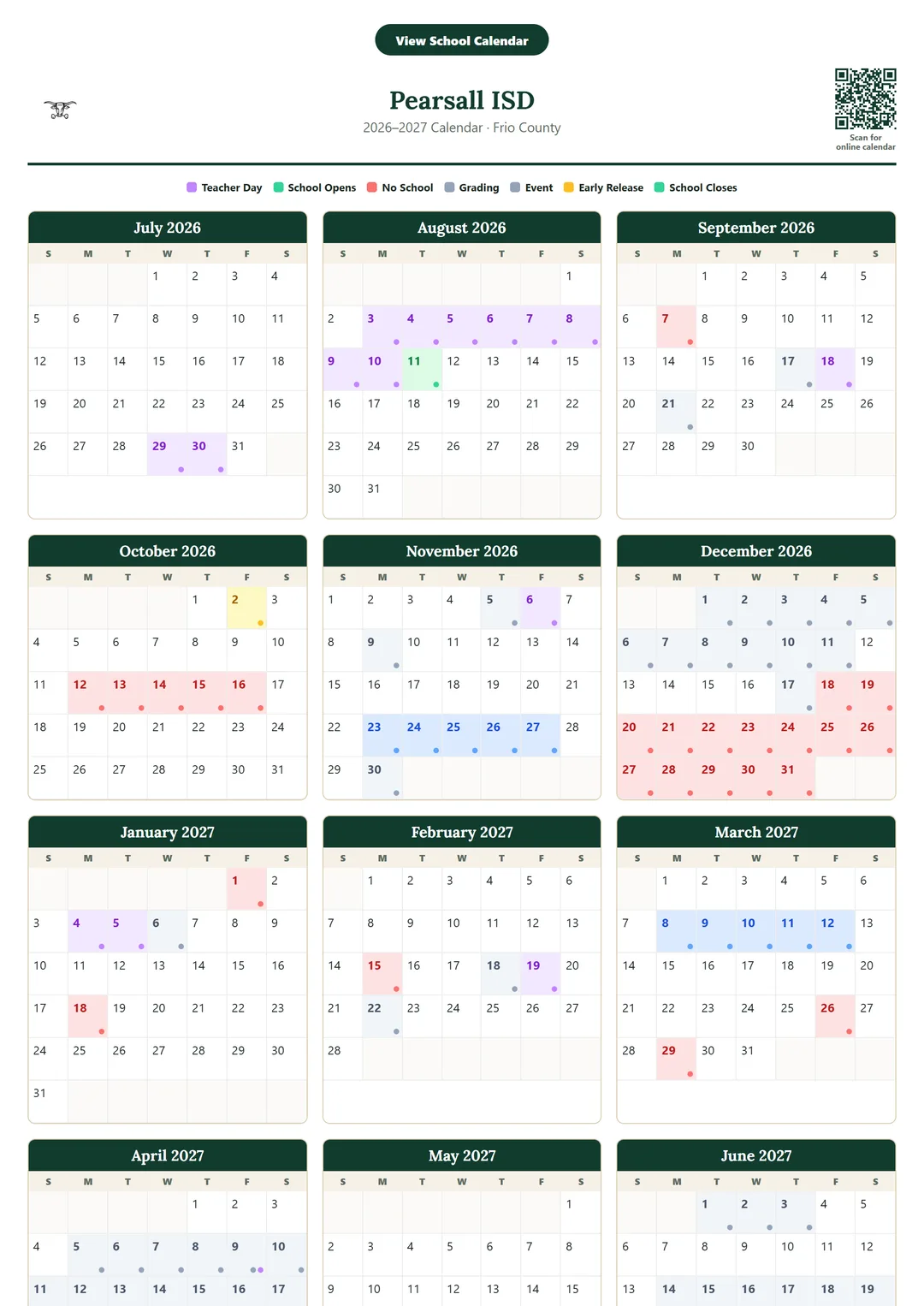 Pearsall ISD printable 2026–2027 calendar