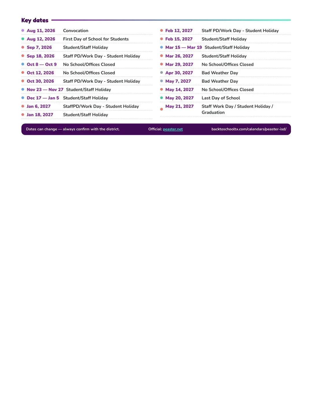 Peaster ISD Calendar for the Year 26-27 — key dates