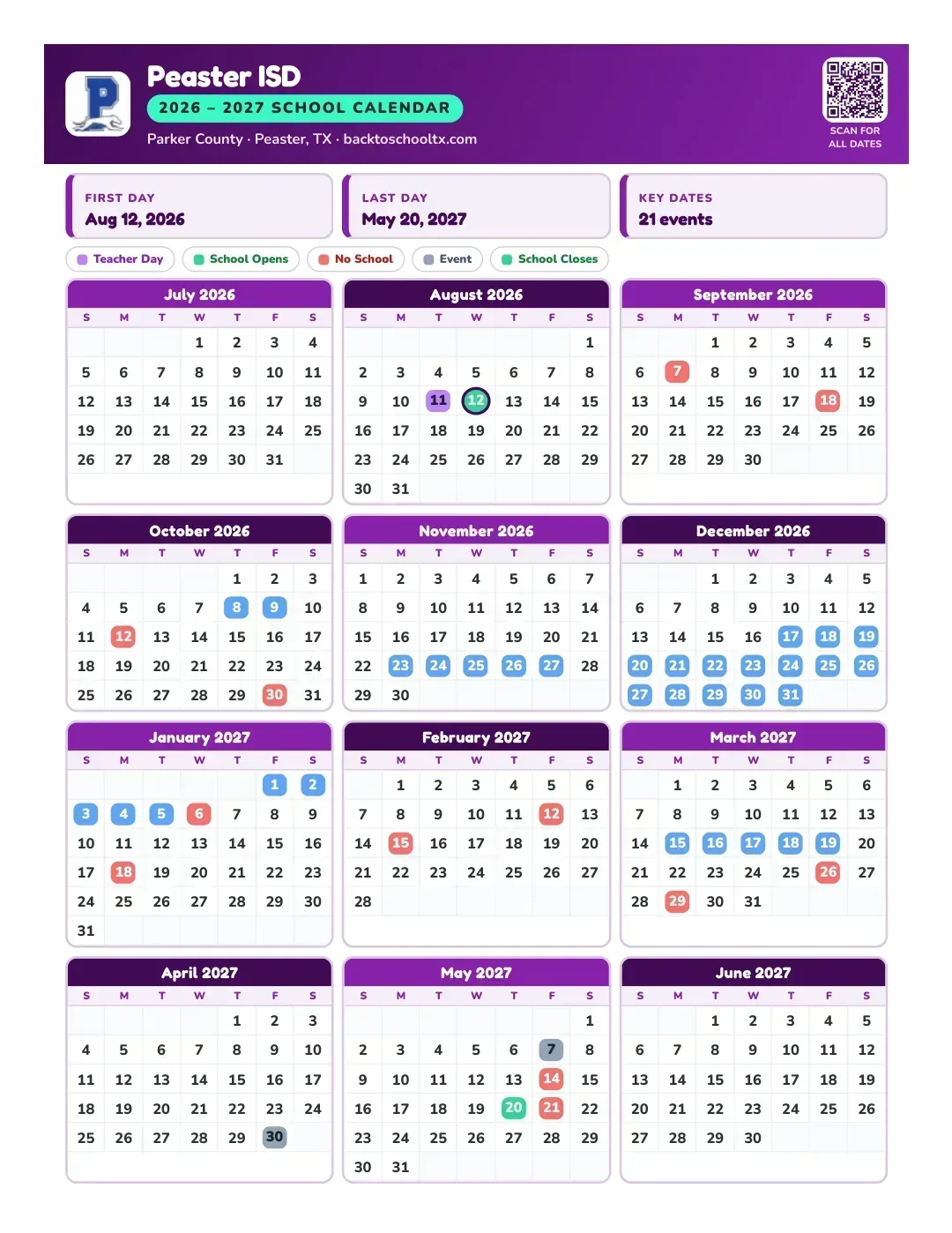 Peaster ISD Calendar for the Year 26-27