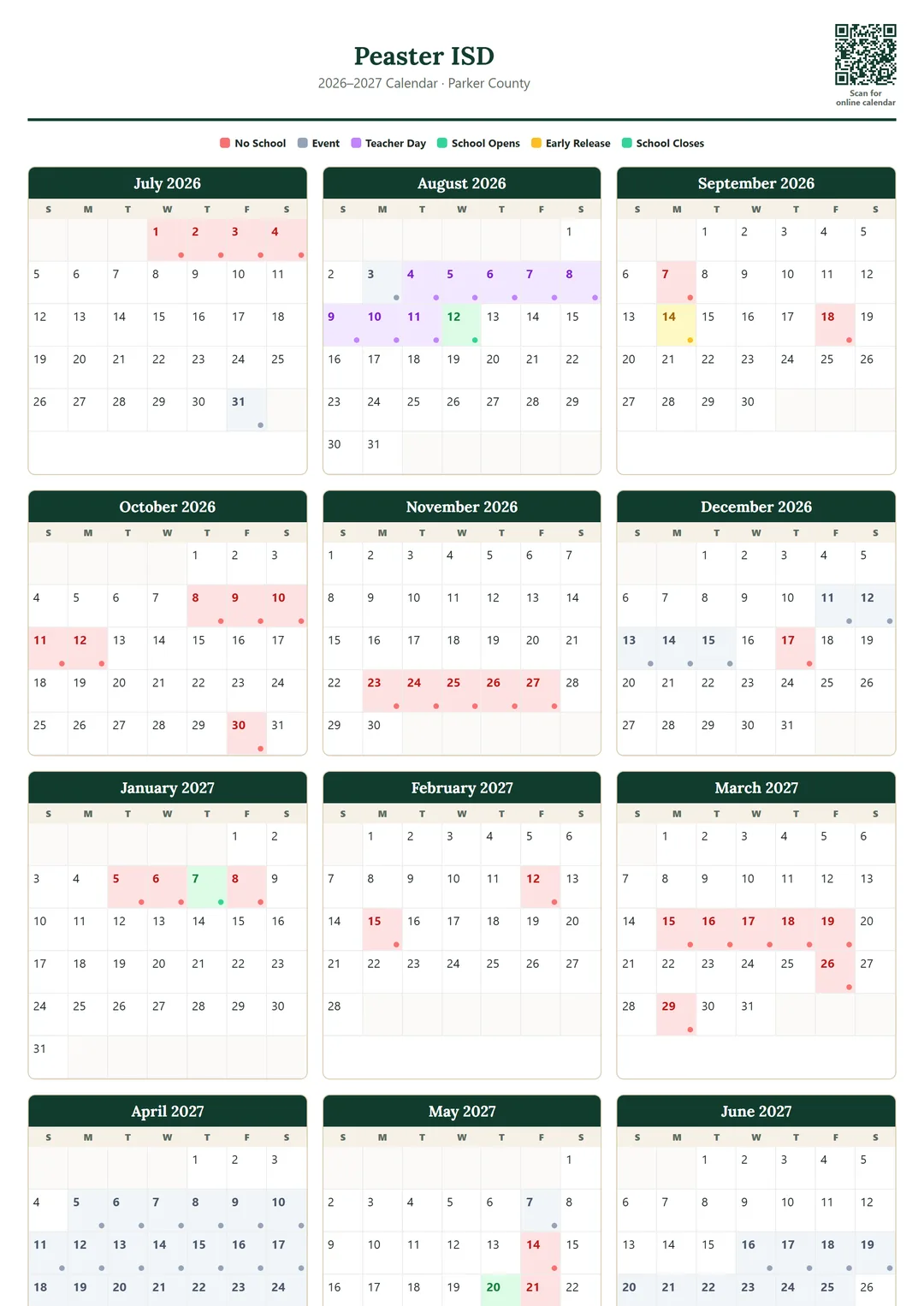 Peaster ISD printable 2026–2027 calendar