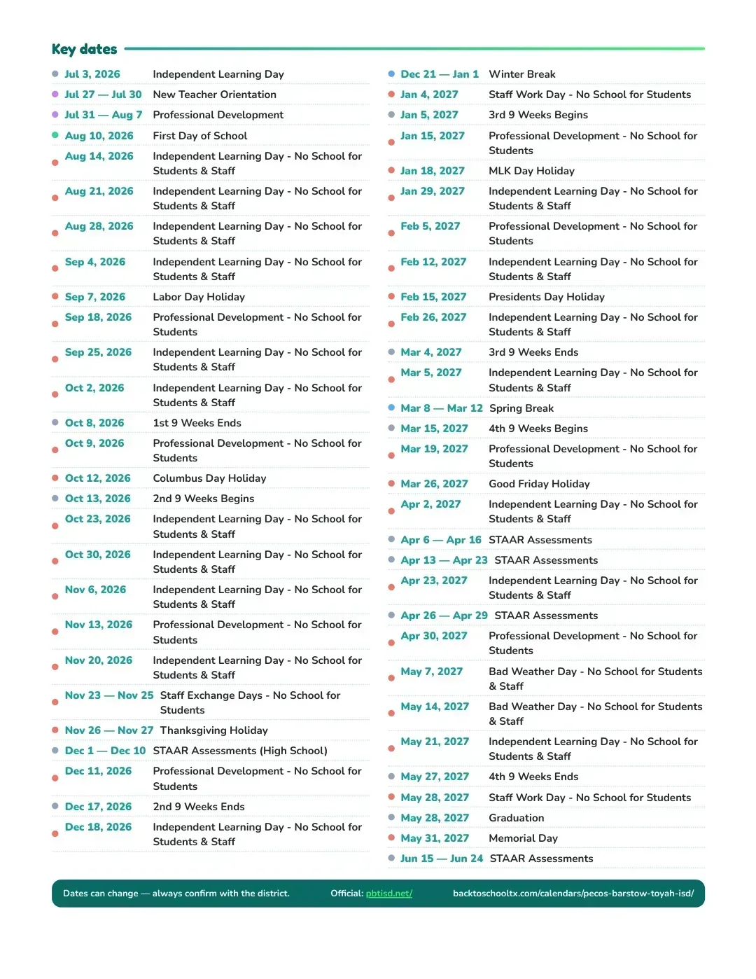 Pecos-barstow-toyah ISD Calendar for the Year 26-27 — key dates