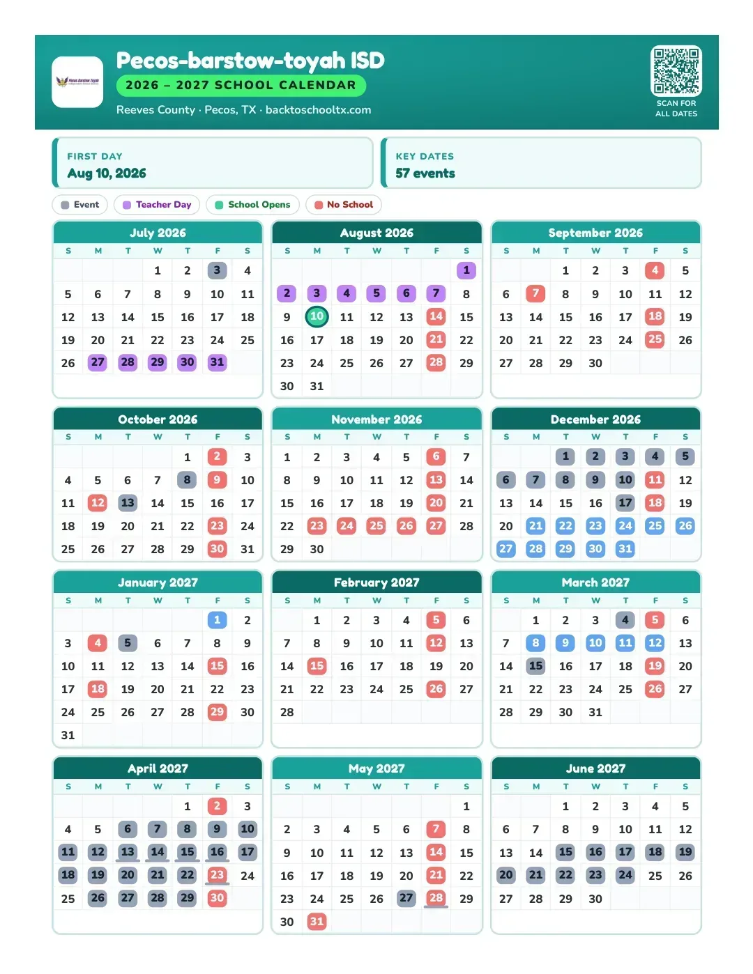 Pecos-barstow-toyah ISD Calendar for the Year 26-27