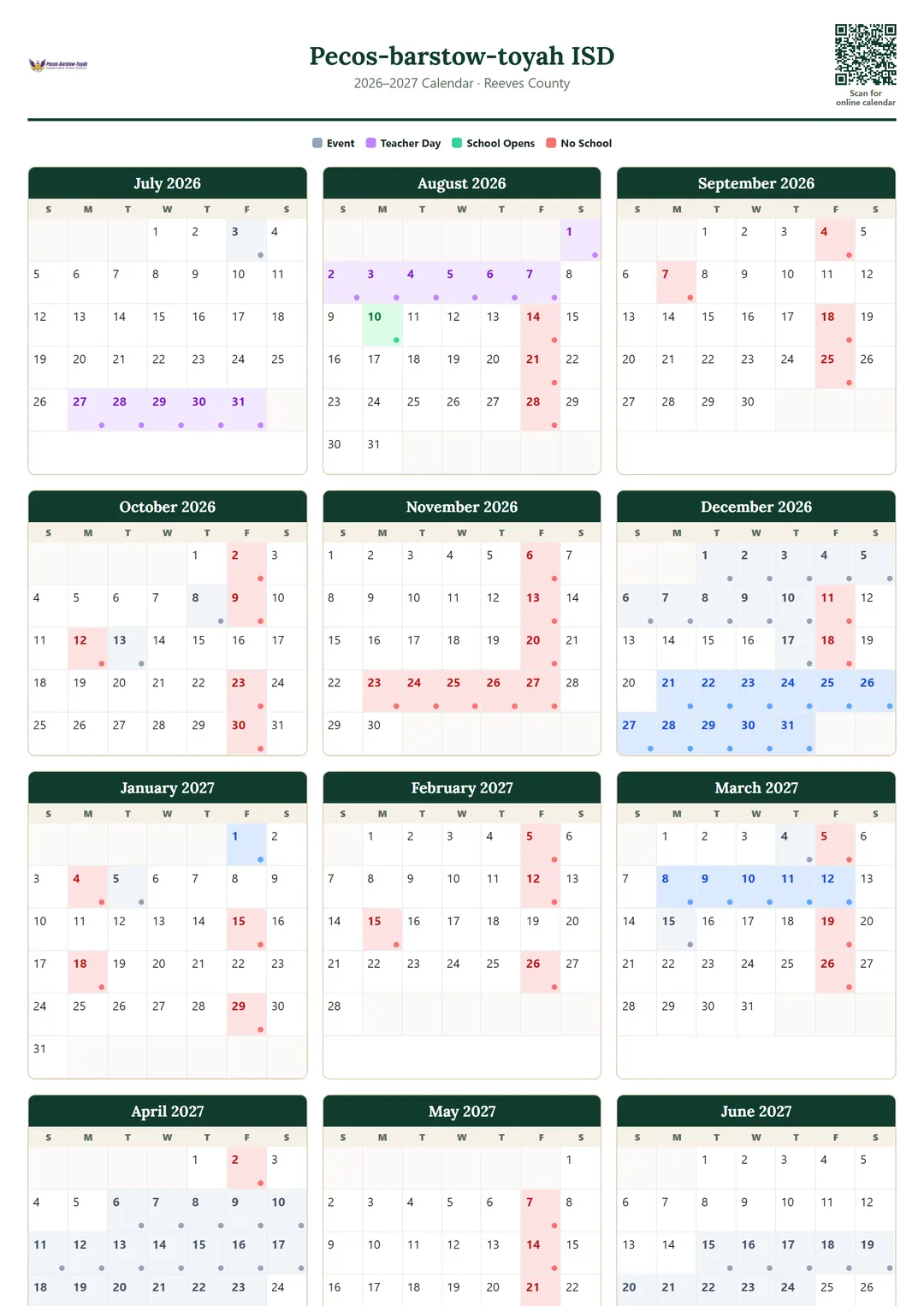 Pecos-barstow-toyah ISD printable 2026–2027 calendar