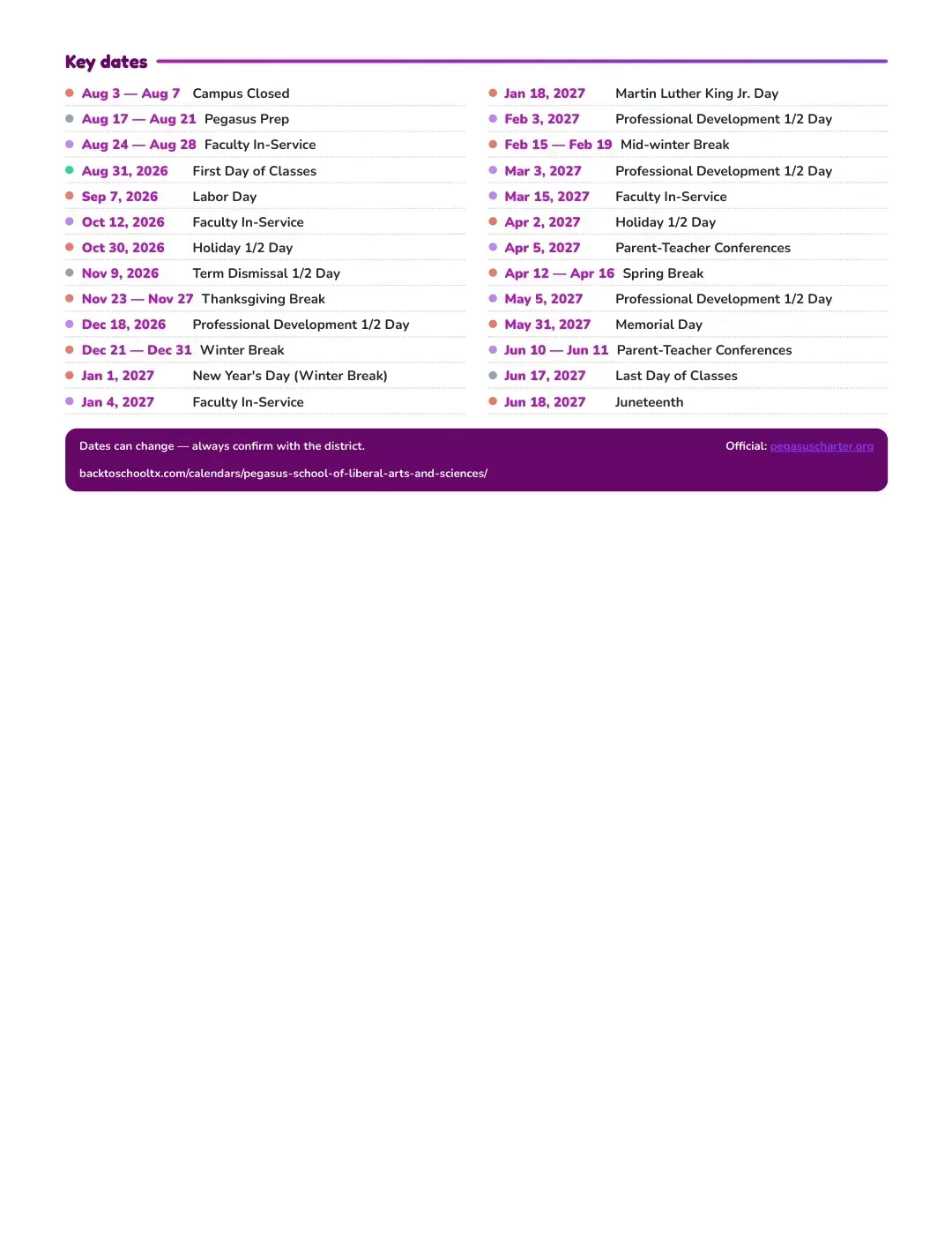 Pegasus School Of Liberal Arts And Sciences Calendar for the Year 26-27 — key dates