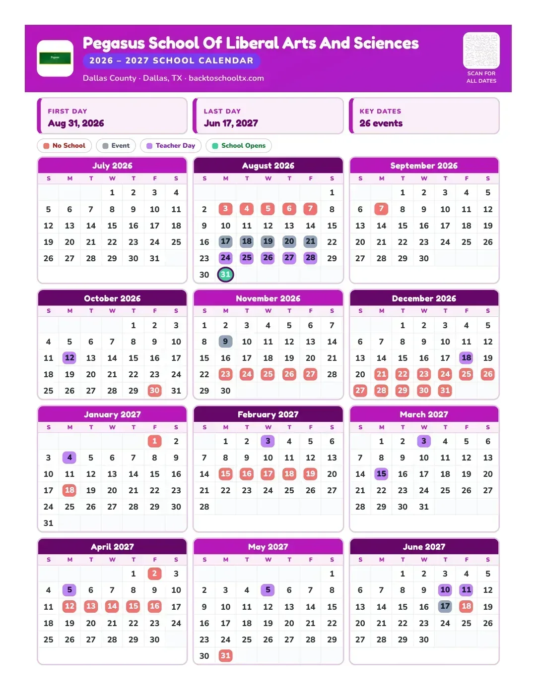 Pegasus School Of Liberal Arts And Sciences Calendar for the Year 26-27