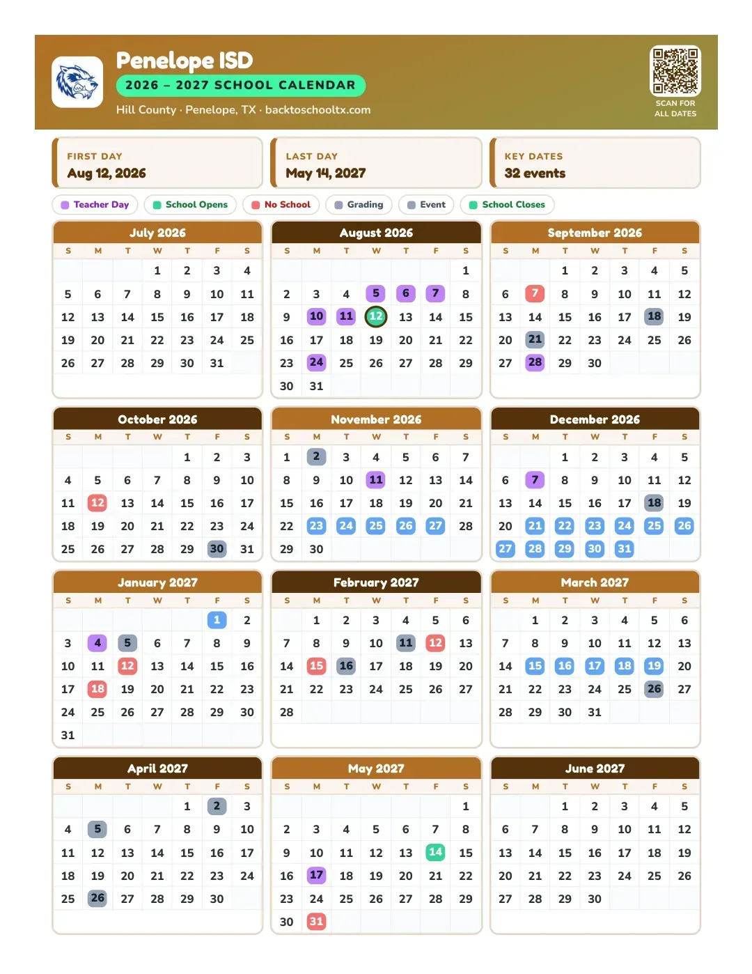 Penelope ISD Calendar for the Year 26-27
