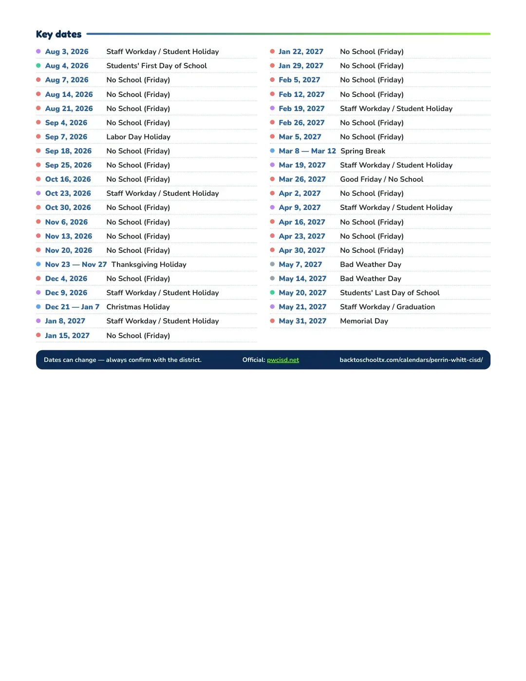 Perrin-whitt CISD Calendar for the Year 26-27 — key dates