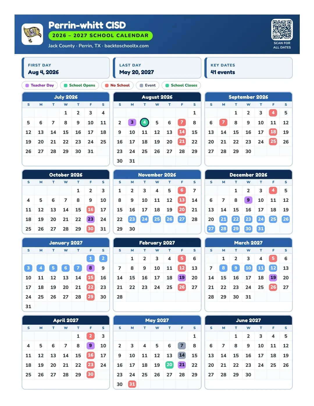 Perrin-whitt CISD Calendar for the Year 26-27
