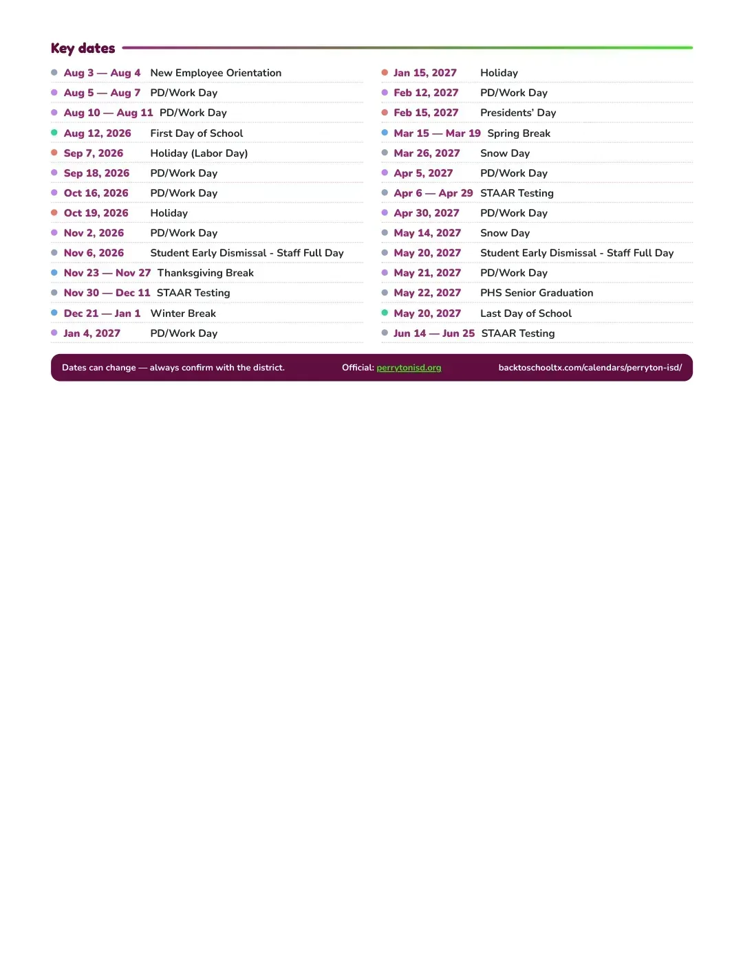 Perryton ISD Calendar for the Year 26-27 — key dates