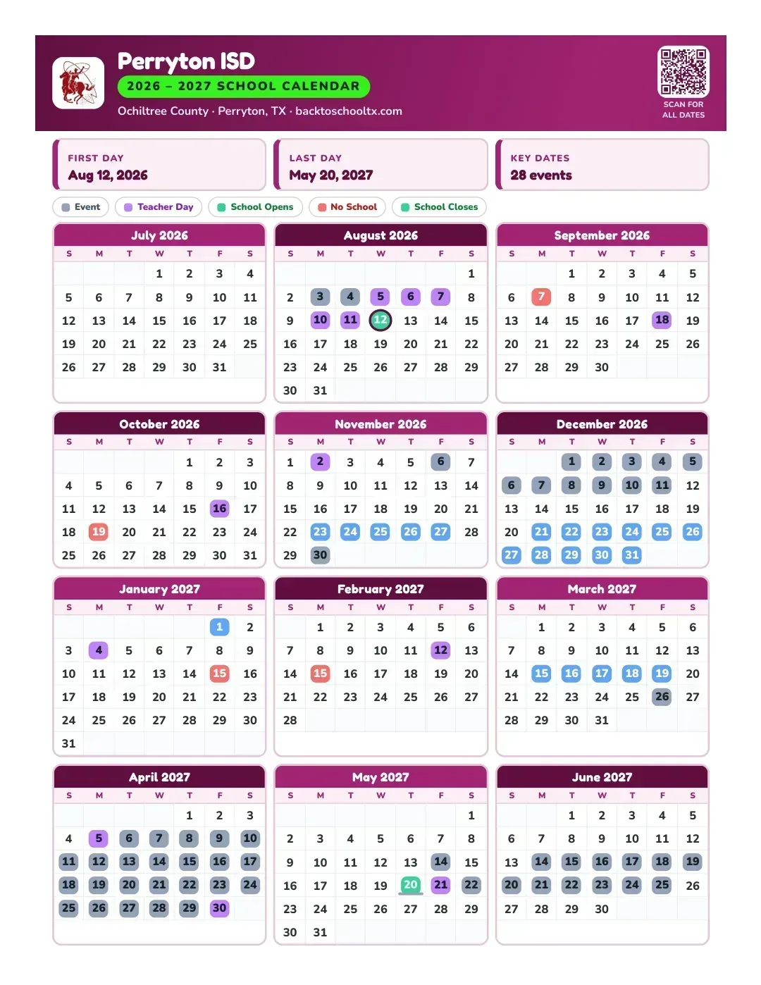 Perryton ISD Calendar for the Year 26-27