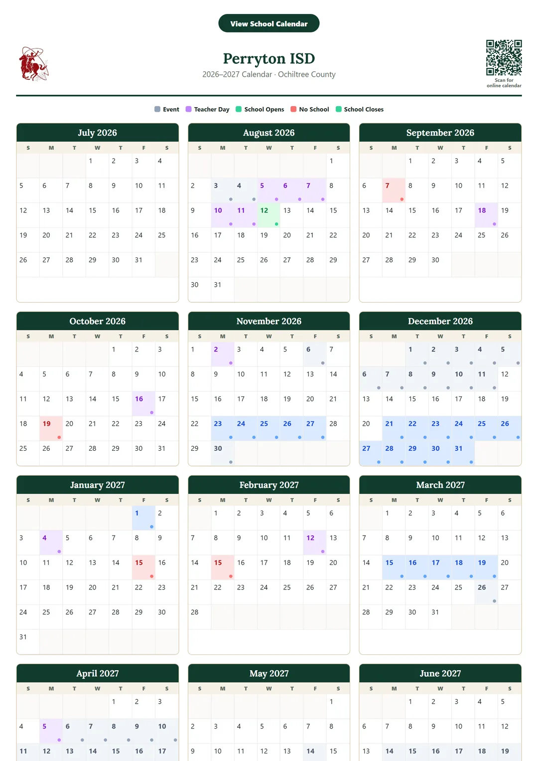Perryton ISD printable 2026–2027 calendar
