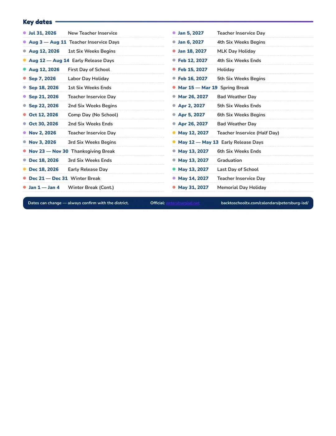 Petersburg ISD Calendar for the Year 26-27 — key dates