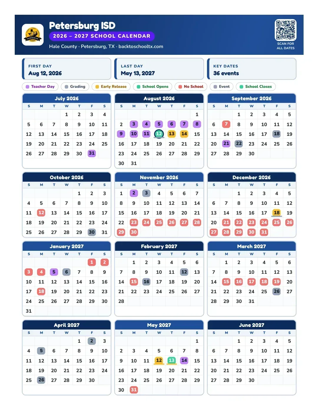 Petersburg ISD Calendar for the Year 26-27