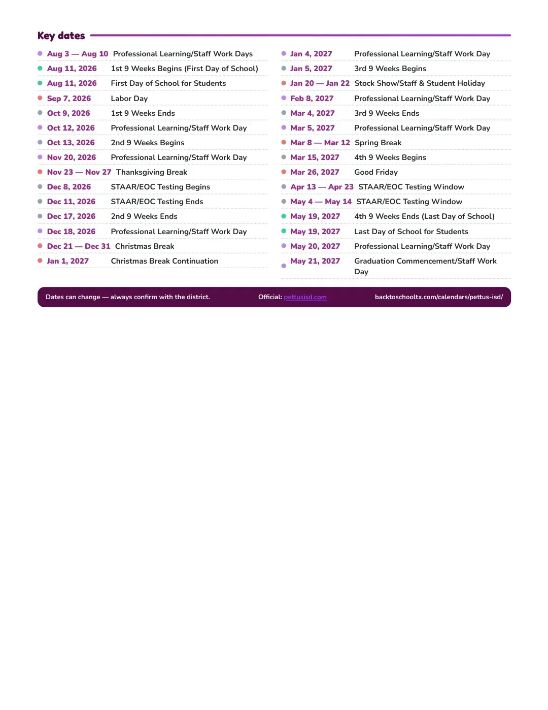 Pettus ISD Calendar for the Year 26-27 — key dates