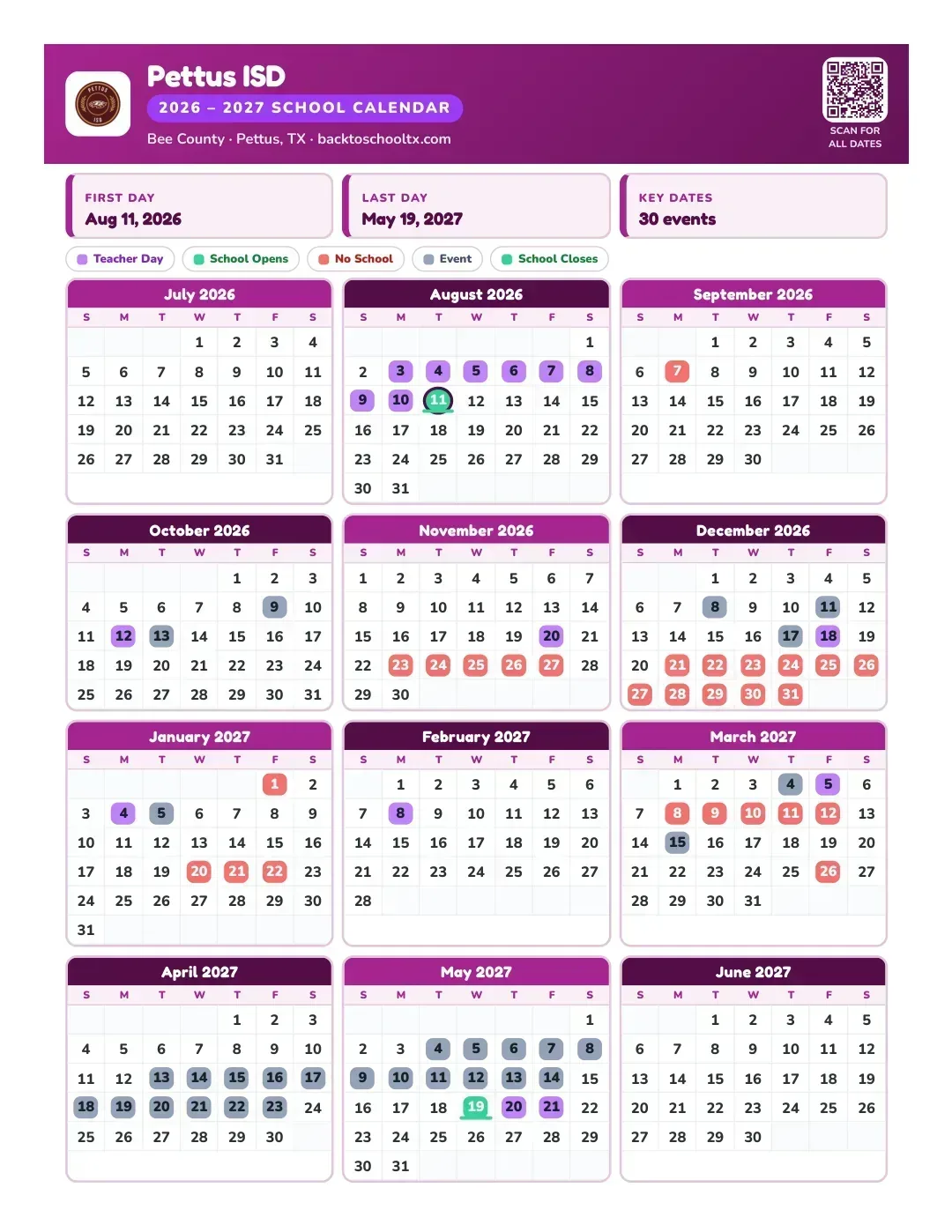 Pettus ISD Calendar for the Year 26-27