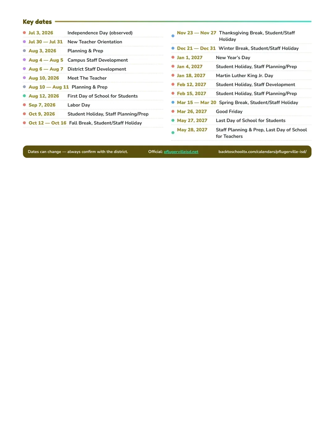 Pflugerville ISD Calendar for the Year 26-27 — key dates