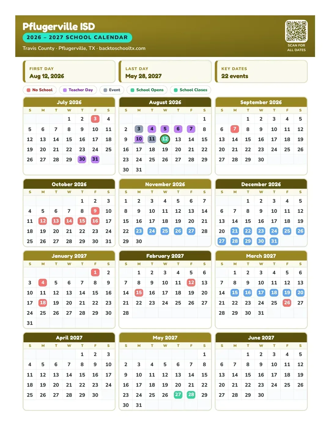 Pflugerville ISD Calendar for the Year 26-27