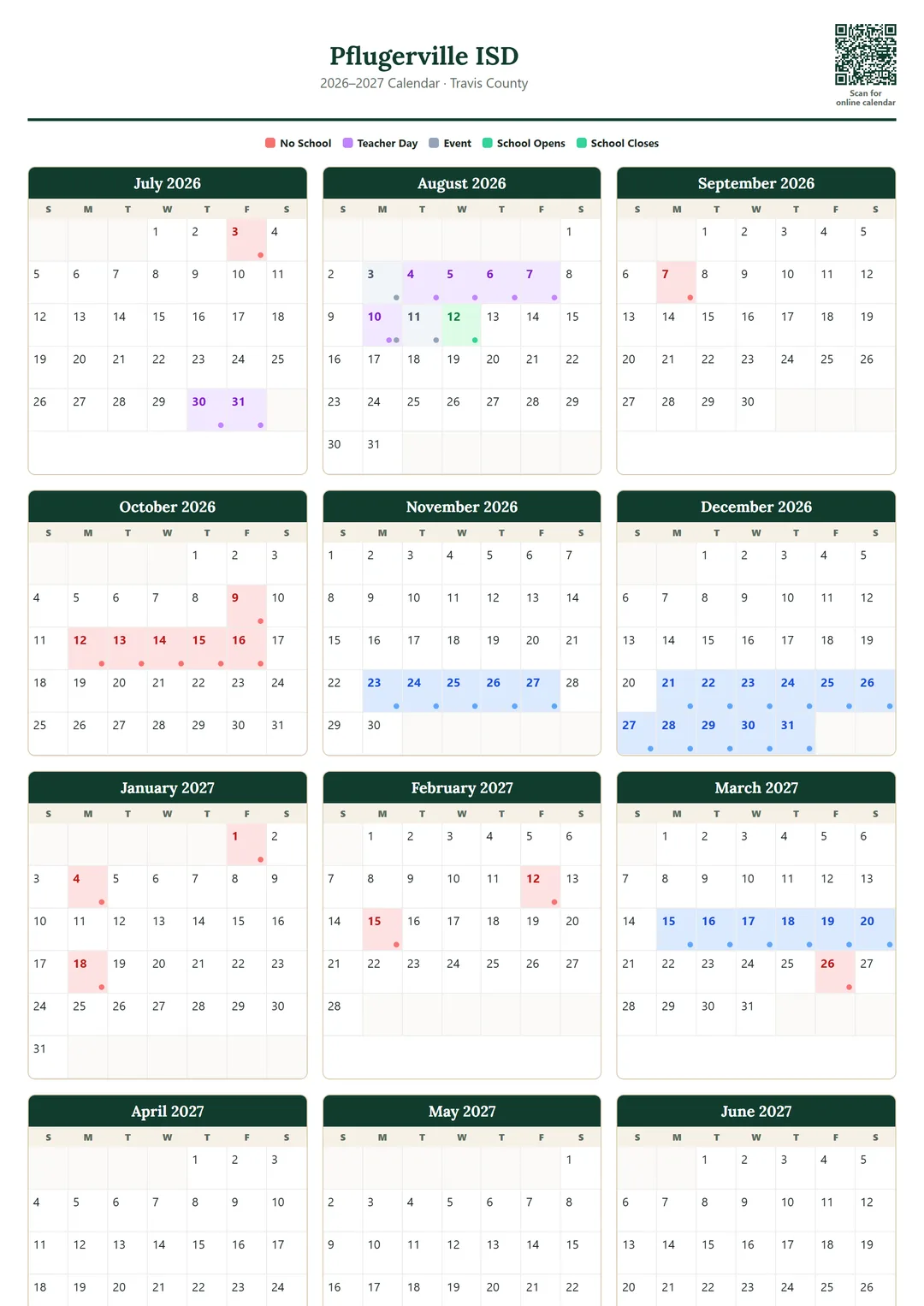 Pflugerville ISD printable 2026–2027 calendar