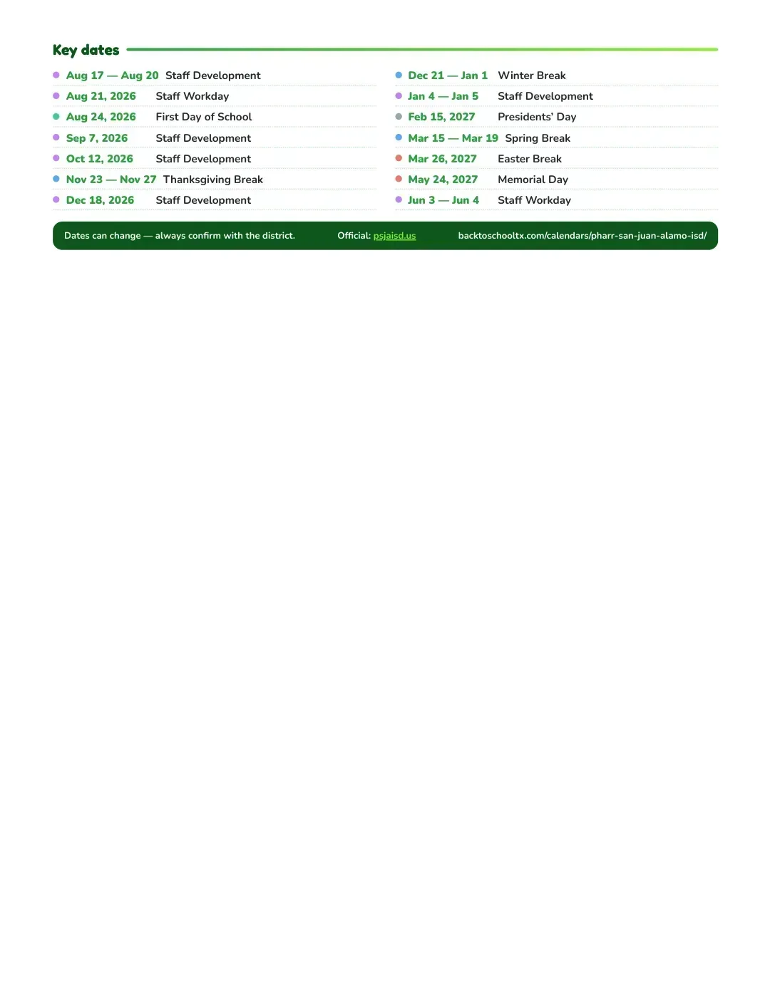 Pharr-san Juan-alamo ISD Calendar for the Year 26-27 — key dates