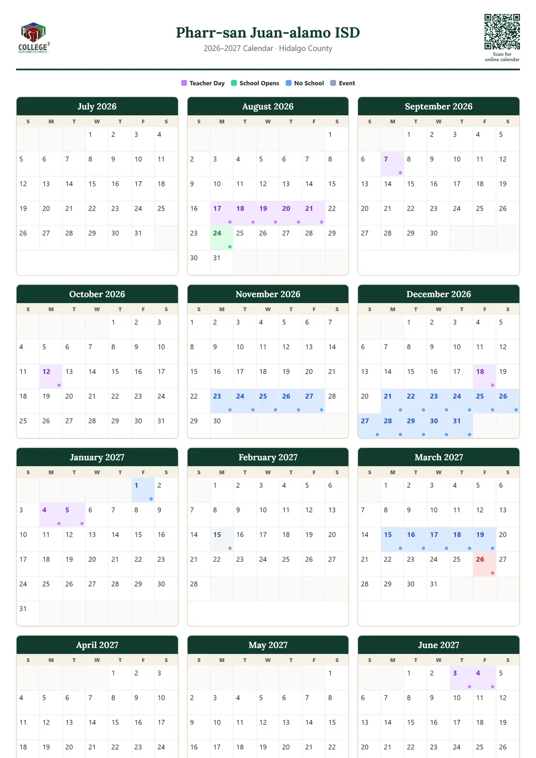 Pharr-san Juan-alamo ISD printable 2026–2027 calendar