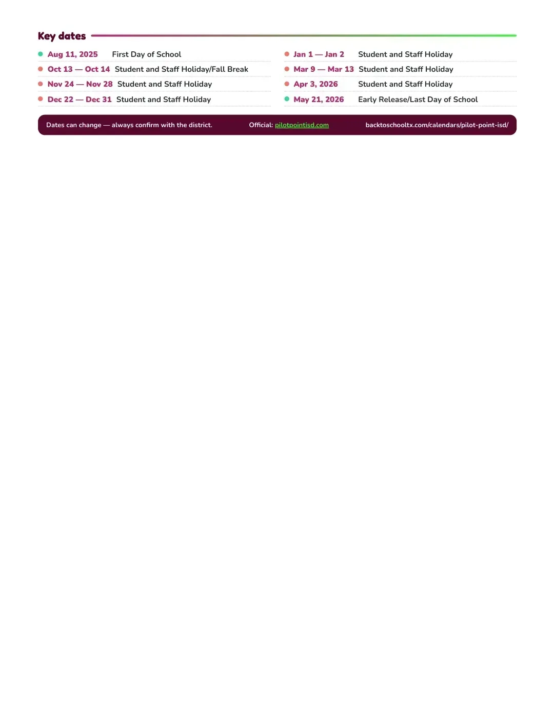 Pilot Point ISD Calendar for the Year 26-27 — key dates