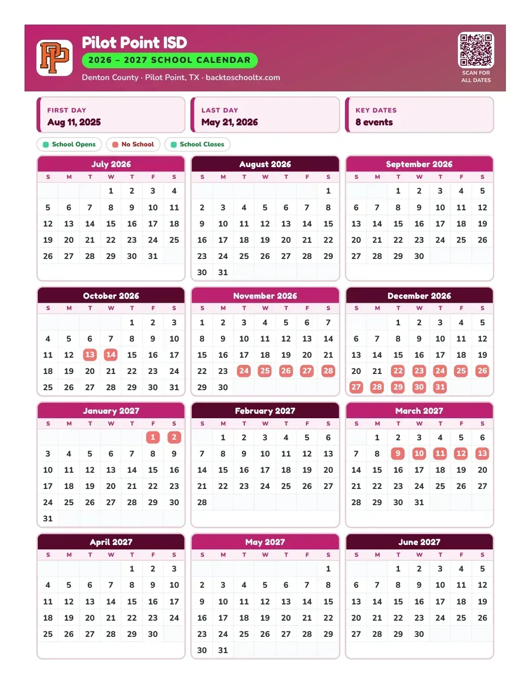 Pilot Point ISD Calendar for the Year 26-27