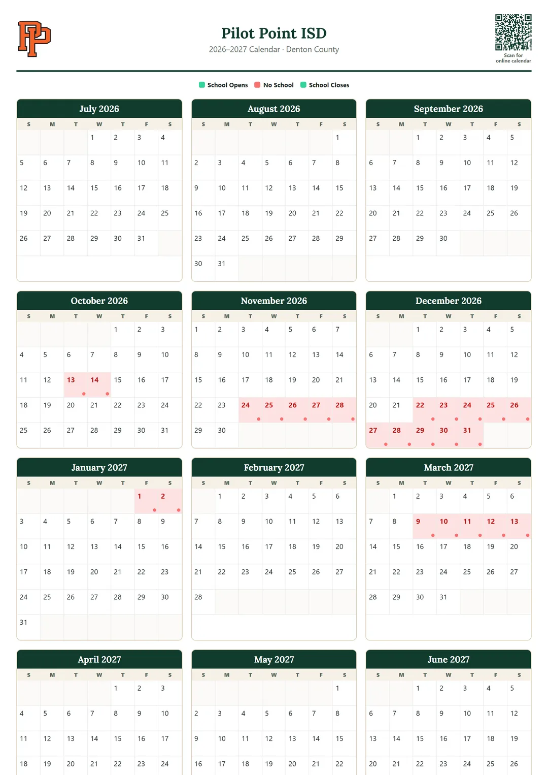 Pilot Point ISD printable 2026–2027 calendar
