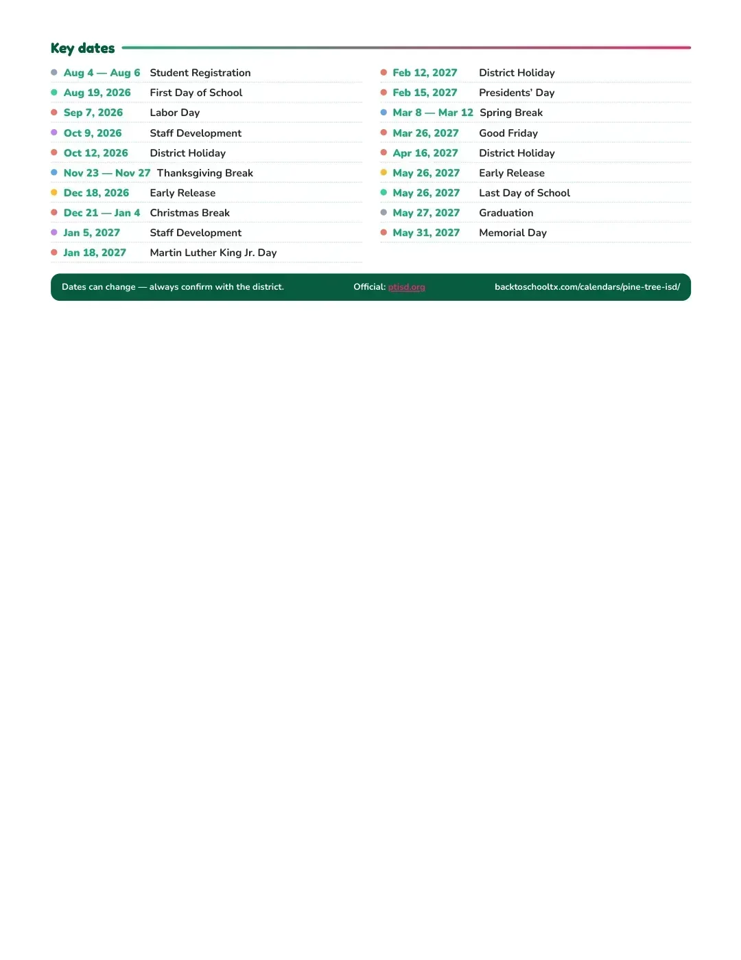 Pine Tree ISD Calendar for the Year 26-27 — key dates