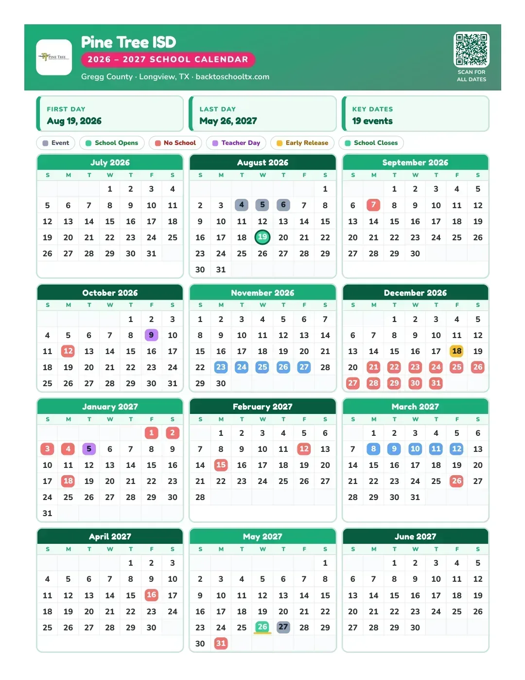 Pine Tree ISD Calendar for the Year 26-27