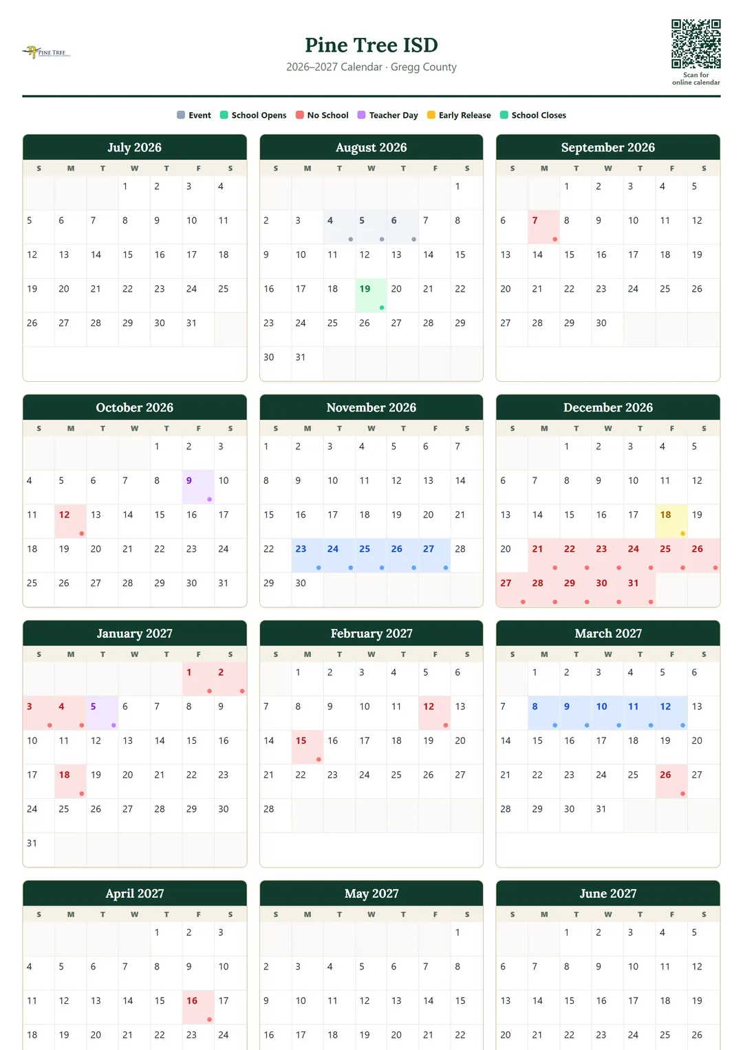 Pine Tree ISD printable 2026–2027 calendar