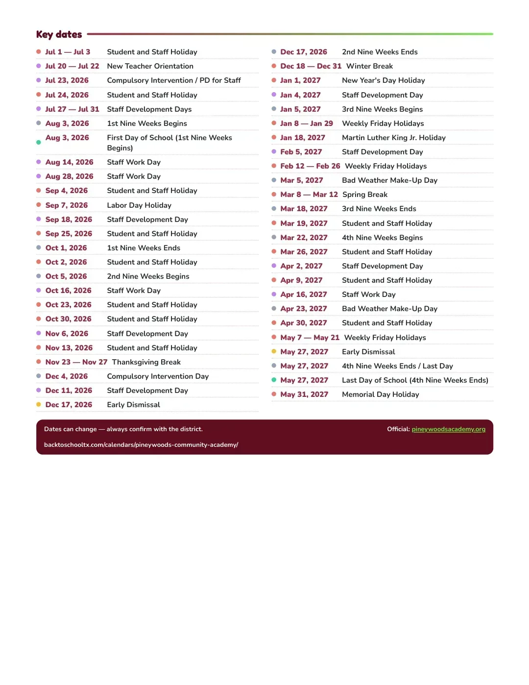 Pineywoods Community Academy Calendar for the Year 26-27 — key dates