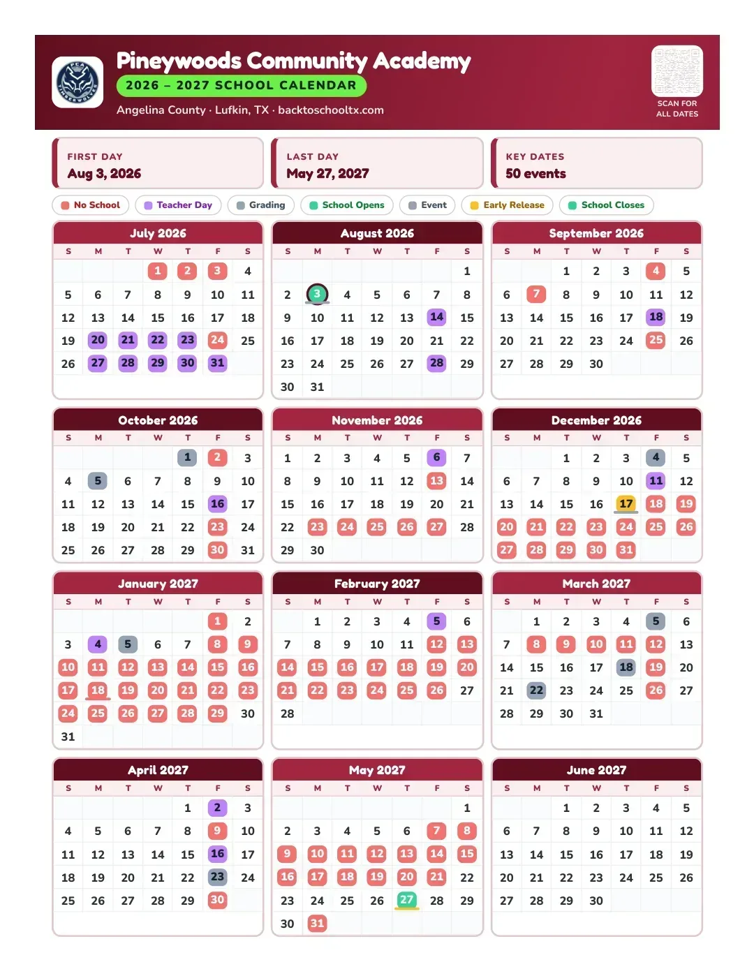 Pineywoods Community Academy Calendar for the Year 26-27