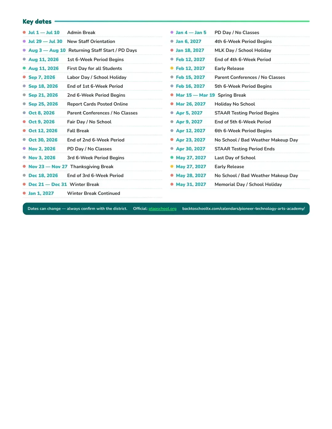 Pioneer Technology & Arts Academy Calendar for the Year 26-27 — key dates