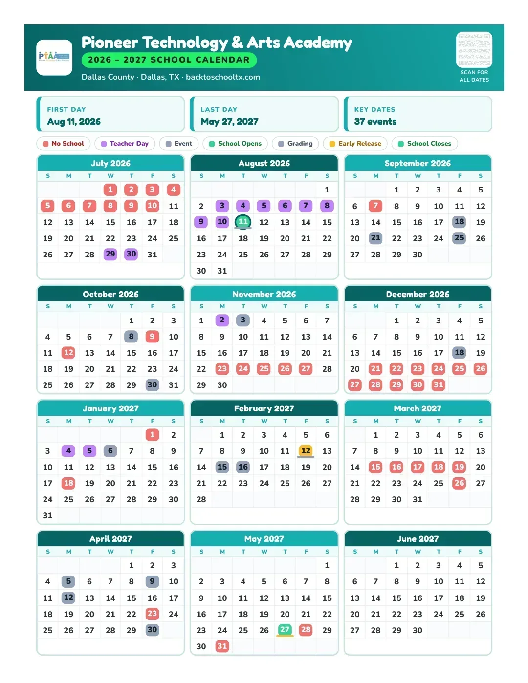 Pioneer Technology & Arts Academy Calendar for the Year 26-27
